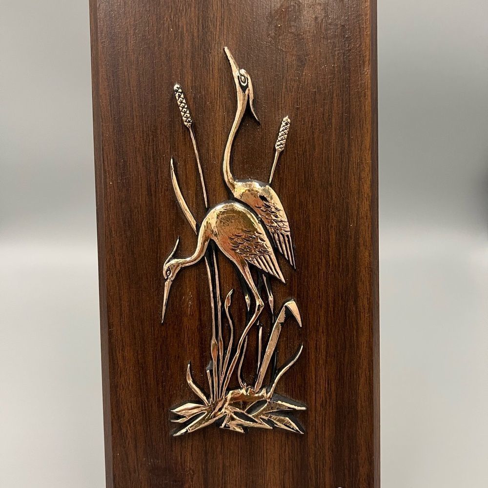 Vintage Wood Plaque with Brass Herons 60s mid century - Picture 4 of 5